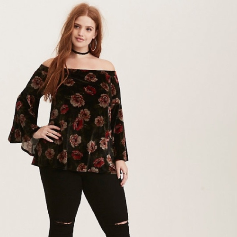 Torrid Velvet Off Shoulder Floral Bell Sleeve Top